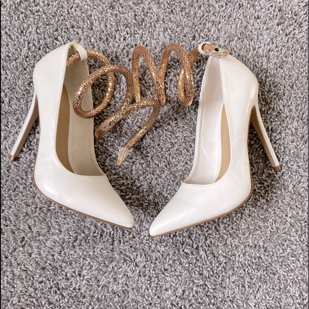 Snake ankle wrap around white heel